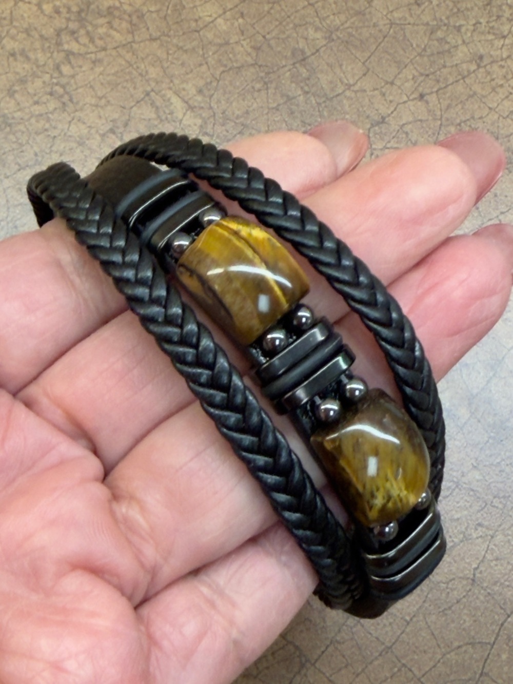 Black Braided Leather Bracelet with Brown Tiger's Eye Beads